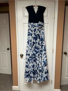 Navy and White Floral A-Line Evening Gown